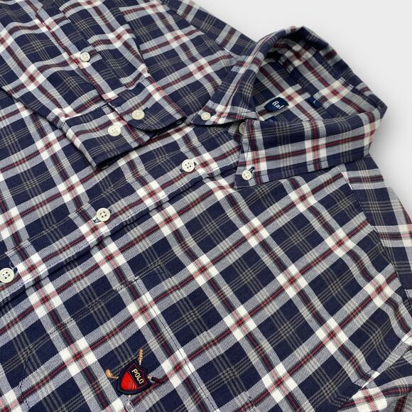 VINTAGE Ralph Lauren Shirt Mens Large Polo Golf Crest Logo Check Navy Red Preppy - Picture 9 of 15